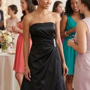David's Bridal Black Satin Strapless Gown With Rhinestone Brooch Detail Size 6